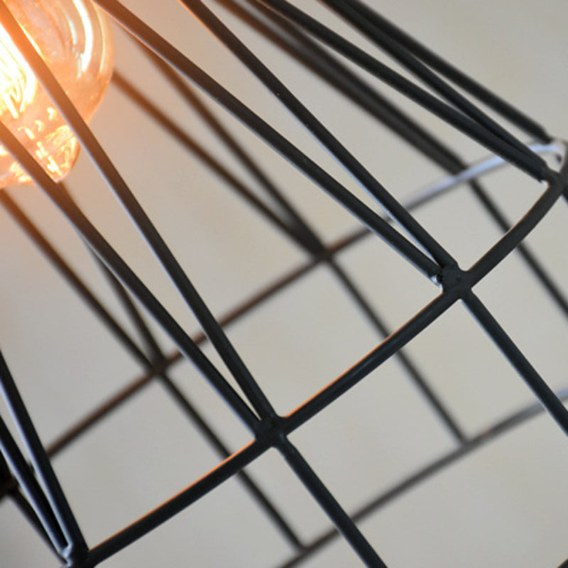 Modern Geometric Wire Cage Iron Pendant Lamp with Wooden Top - 12"/13" H, 1-Light, Black - Bedroom Lighting Fixture