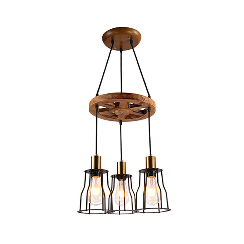 Suspension en forme de cloche en bois industriel avec accents en laiton - 3/6 lumières pour le salon