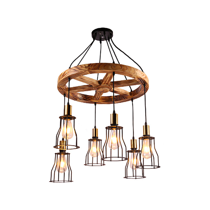 Suspension en forme de cloche en bois industriel avec accents en laiton - 3/6 lumières pour le salon