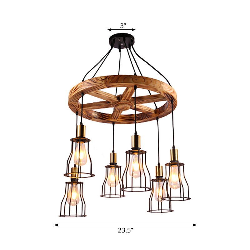 Suspension en forme de cloche en bois industriel avec accents en laiton - 3/6 lumières pour le salon