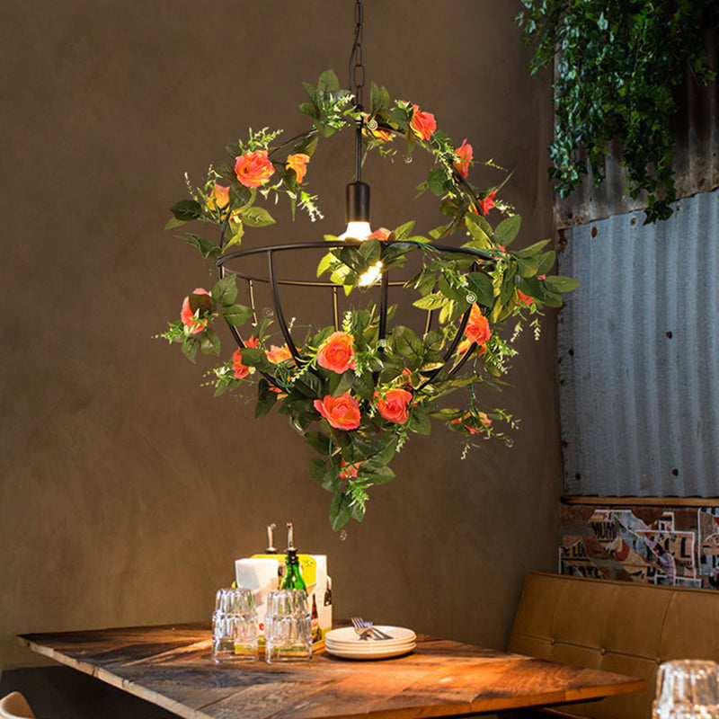 Suspension moderne avec motif de panier de fleurs, luminaire en fer noir à 1 ampoule pour restaurants
