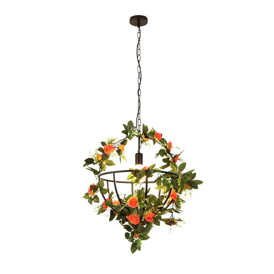 Suspension moderne avec motif de panier de fleurs, luminaire en fer noir à 1 ampoule pour restaurants