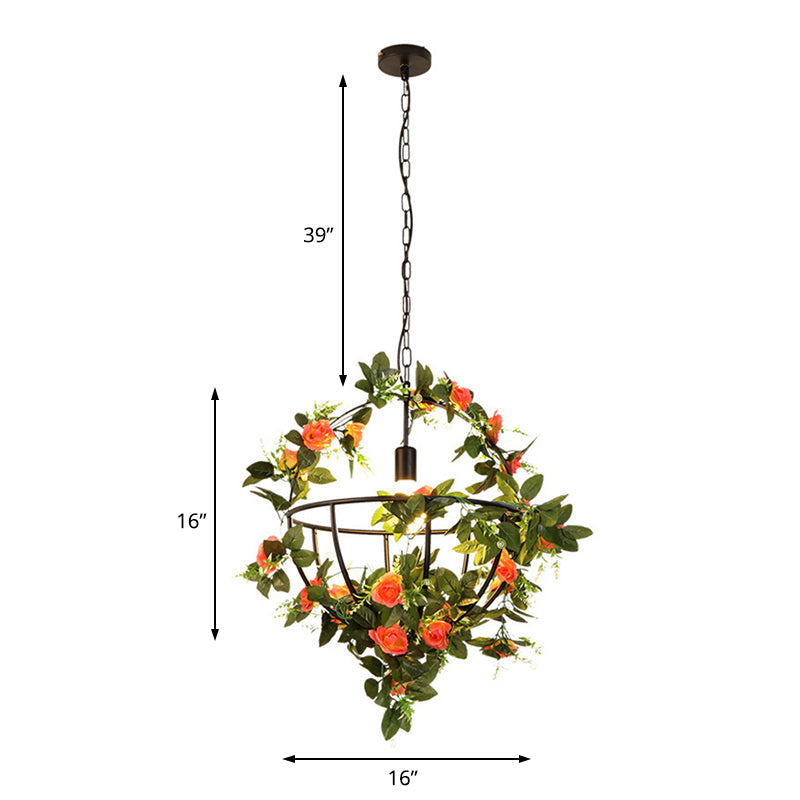 Suspension moderne avec motif de panier de fleurs, luminaire en fer noir à 1 ampoule pour restaurants