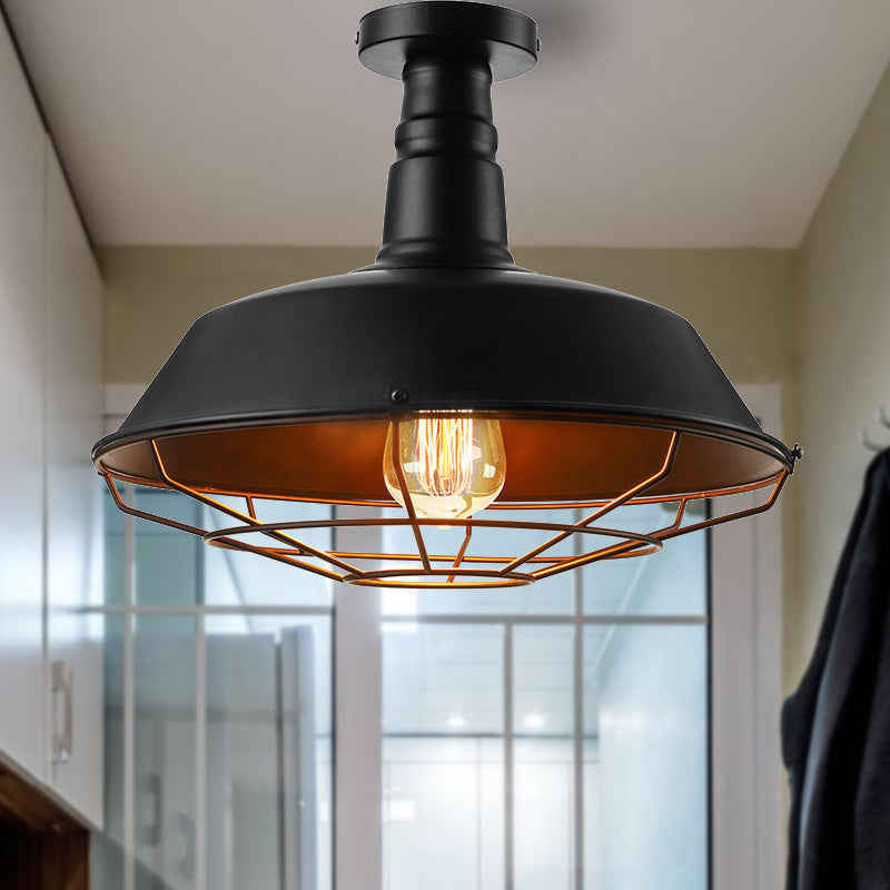 Black Vintage Metal Cage Ceiling Light, Semi Flush Mount, Indoor 1-Head Lighting with Barn Shade - 10"/14"/18" Width