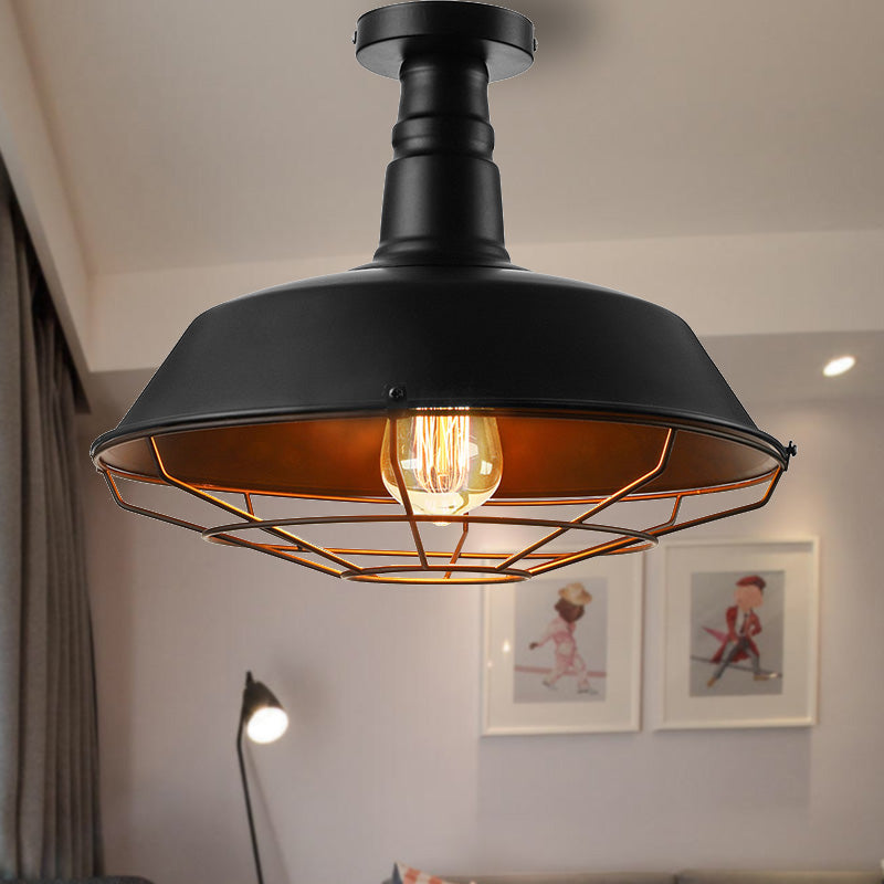 Black Vintage Metal Cage Ceiling Light, Semi Flush Mount, Indoor 1-Head Lighting with Barn Shade - 10"/14"/18" Width