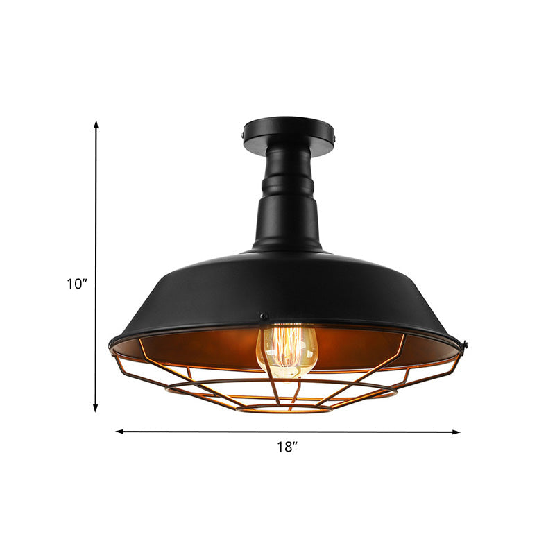 Black Vintage Metal Cage Ceiling Light, Semi Flush Mount, Indoor 1-Head Lighting with Barn Shade - 10"/14"/18" Width