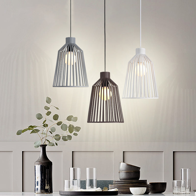 Luminaire suspendu à 1 lampe de style nordique en gris/blanc/café pour îlot de cuisine - Design en cage métallique en cloche