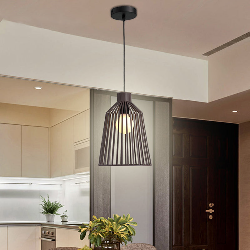 Luminaire suspendu à 1 lampe de style nordique en gris/blanc/café pour îlot de cuisine - Design en cage métallique en cloche