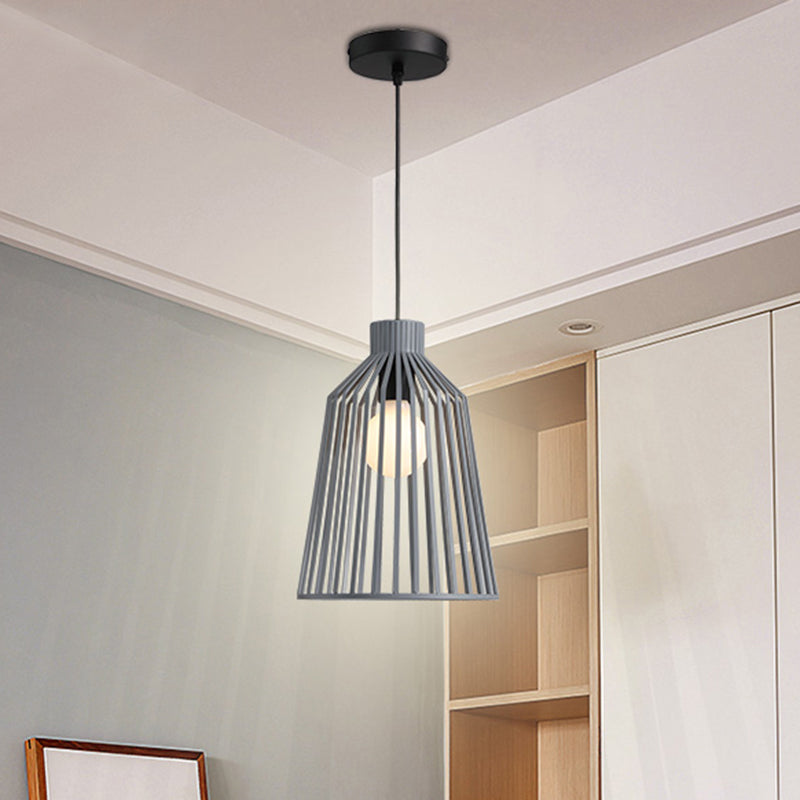 Luminaire suspendu à 1 lampe de style nordique en gris/blanc/café pour îlot de cuisine - Design en cage métallique en cloche