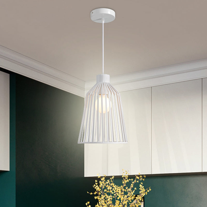 Luminaire suspendu à 1 lampe de style nordique en gris/blanc/café pour îlot de cuisine - Design en cage métallique en cloche