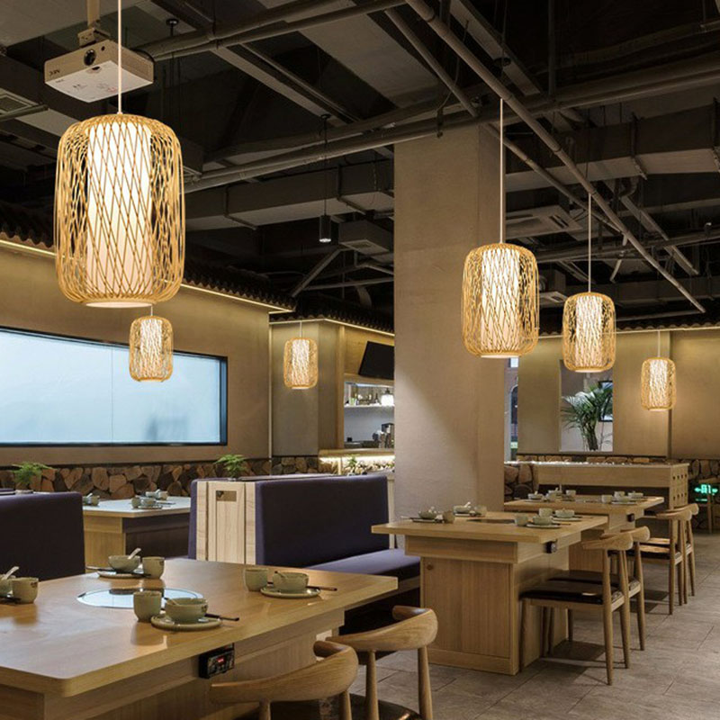 Bamboo Cage Lantern Pendant Light Fixture - Asian-Inspired 1-Light Bistro Suspension Lamp In Wood /