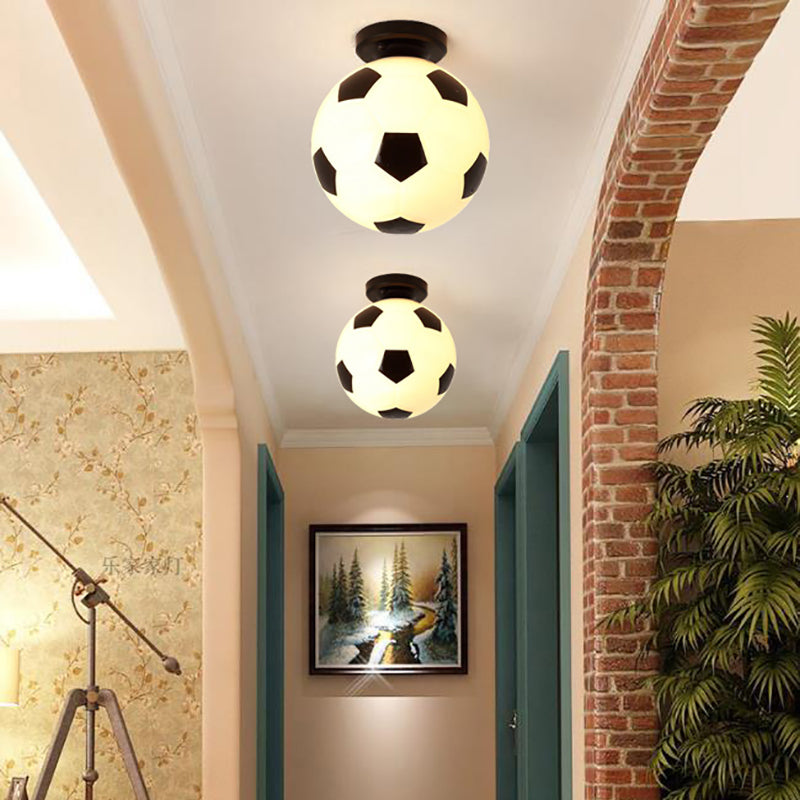 Black & White Glass Soccer Ceiling Light for Sporty Corridors