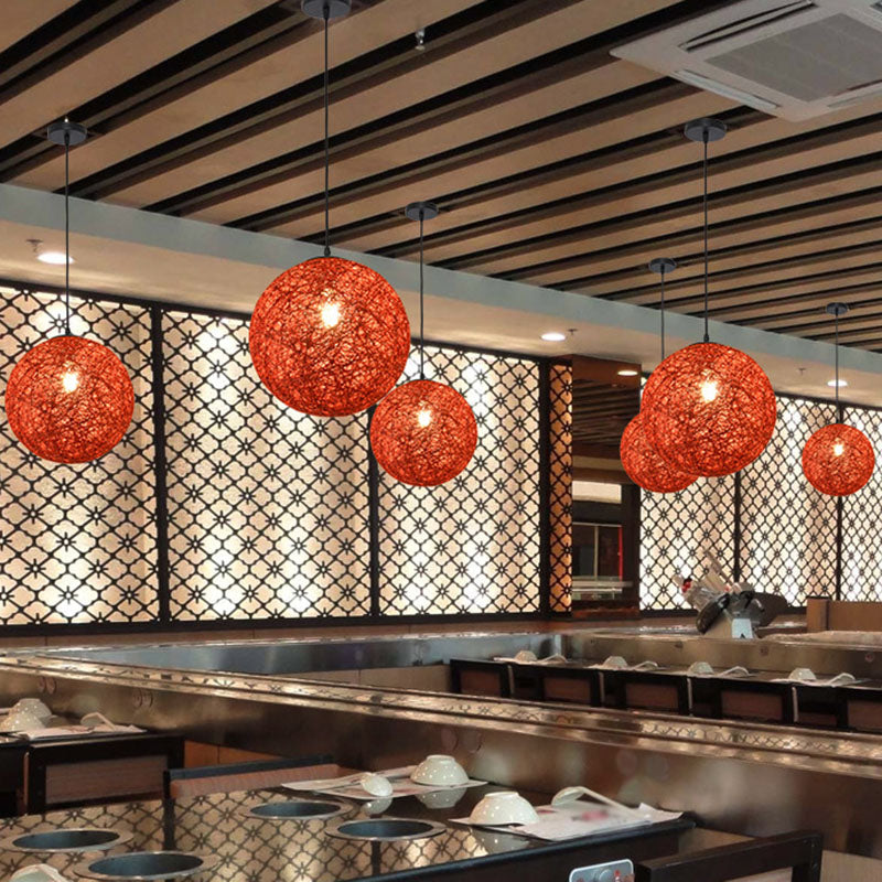 Handwoven Globe Pendant Light - Rattan 1 Bulb Asian Style Hanging Lamp Kit Red