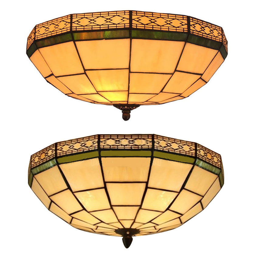 Plafonnier encastré Tiffany de 8"/10" de largeur avec abat-jour en dôme de verre artistique beige à 3 lumières - Décoration de chambre