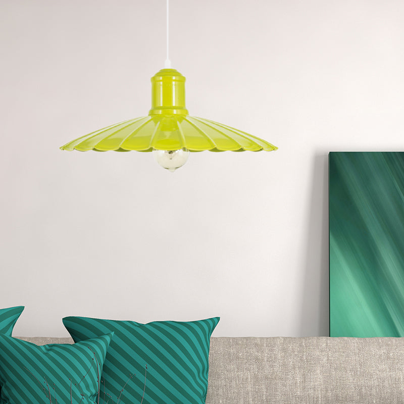 Luminaire suspendu en métal à abat-jour festonné rétro - Lampe suspendue à 1 tête en rouge/jaune/vert pour chambres