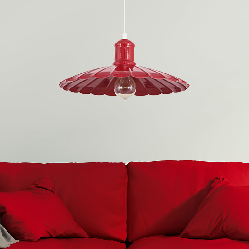 Luminaire suspendu en métal à abat-jour festonné rétro - Lampe suspendue à 1 tête en rouge/jaune/vert pour chambres