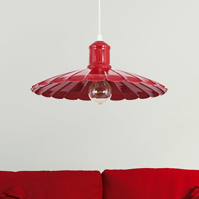 Luminaire suspendu en métal à abat-jour festonné rétro - Lampe suspendue à 1 tête en rouge/jaune/vert pour chambres