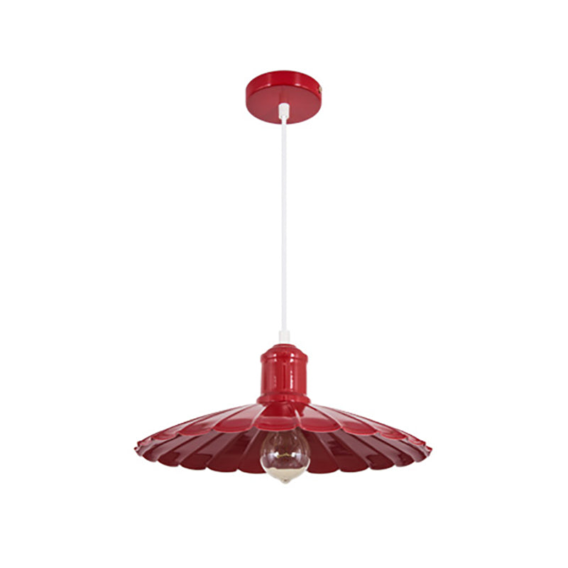 Luminaire suspendu en métal à abat-jour festonné rétro - Lampe suspendue à 1 tête en rouge/jaune/vert pour chambres