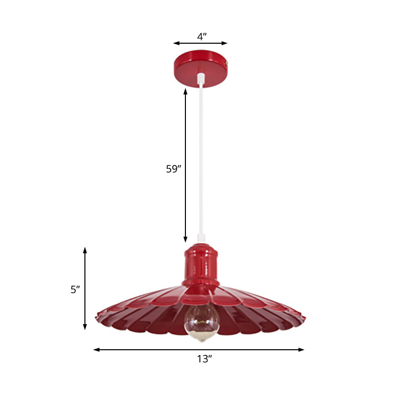 Luminaire suspendu en métal à abat-jour festonné rétro - Lampe suspendue à 1 tête en rouge/jaune/vert pour chambres
