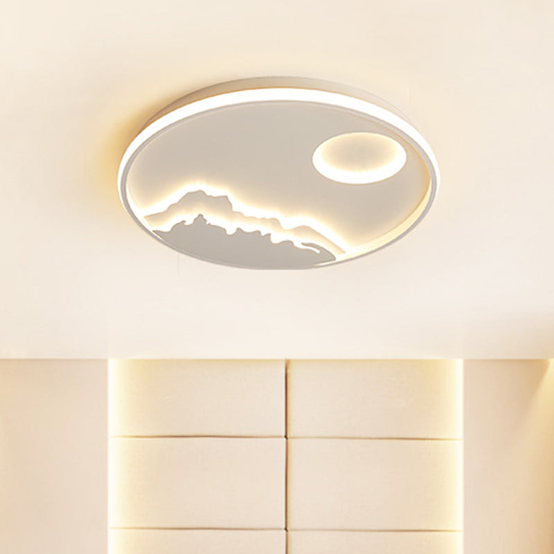 Modern LED Flush Ceiling Light with Artistic Acrylic White Ring and Mountain Decor