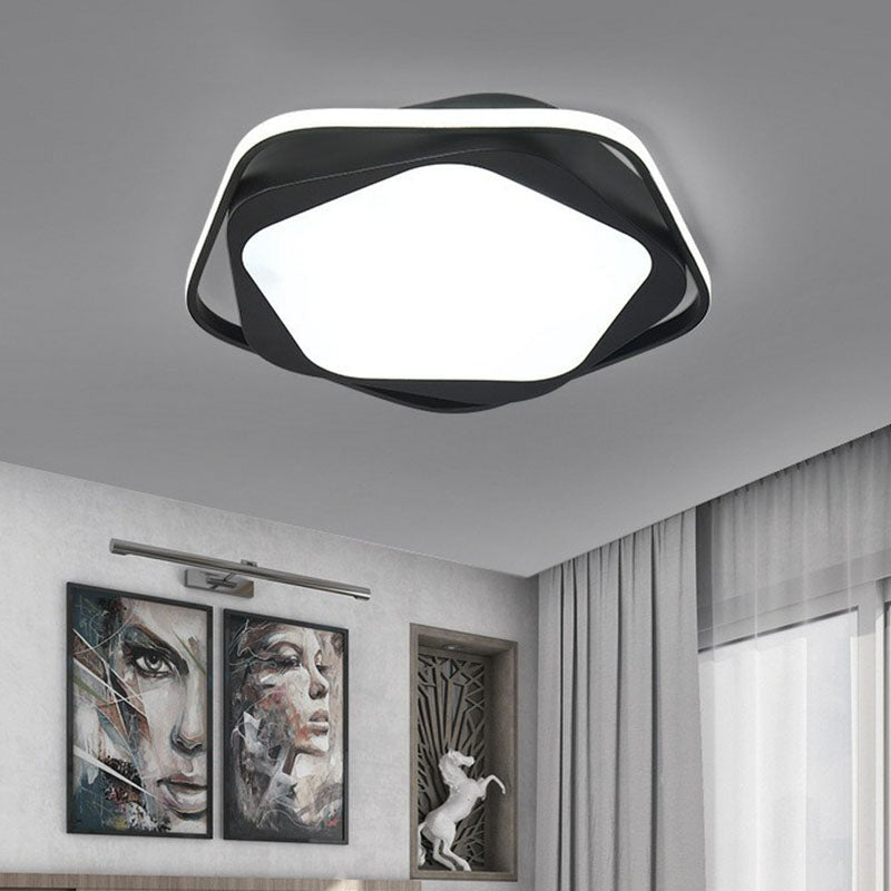 Black Metal Led Flush Mount Ceiling Light - Minimalist Pentagon Design For Bedroom