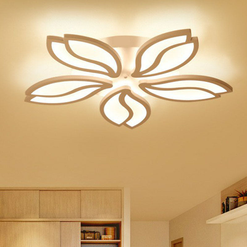 Artistic White LED Semi Flush Ceiling Light with Acrylic Leaf Design for Living Room