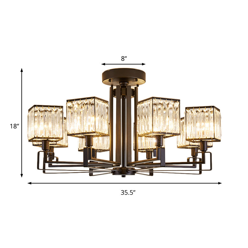 Vintage Style Black Square Metal Ceiling Light Fixture with Crystal Prism - 4/6/8 Lights - Ideal for Bedroom