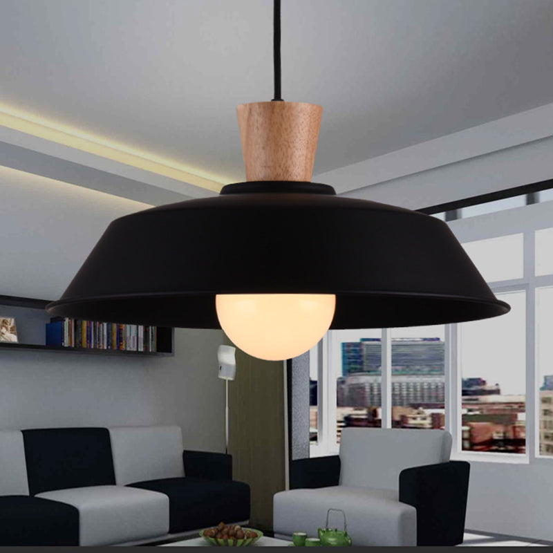 Luminaire suspendu industriel en fer avec dessus en bois - Option de largeur 10"/14"/18"