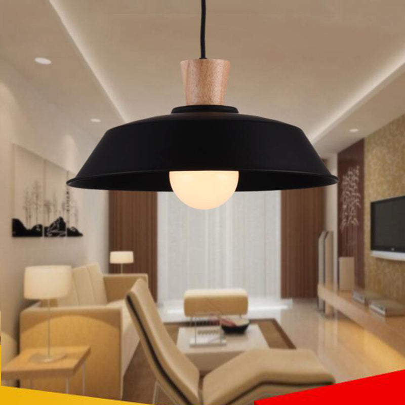 Luminaire suspendu industriel en fer avec dessus en bois - Option de largeur 10"/14"/18"