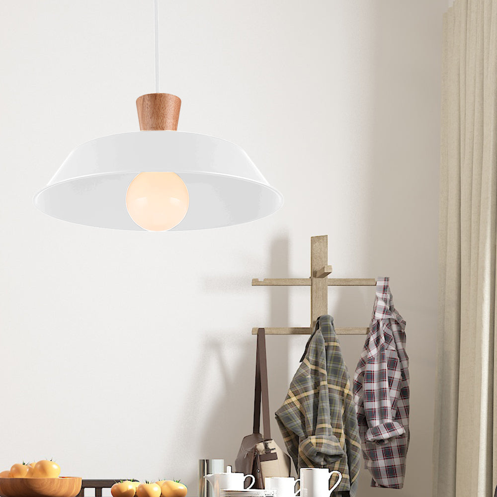 Luminaire suspendu industriel en fer avec dessus en bois - Option de largeur 10"/14"/18"