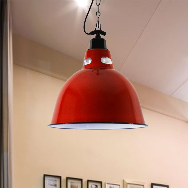 Industrial Metal Pendant Lamp - Dome Shade Red Hanging Light With Wire & Chain 1-Light Design For