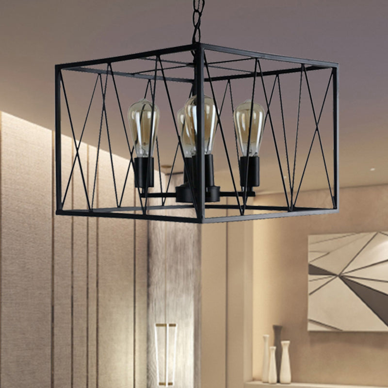 Vintage Iron Pendant Light Fixture with 4 Black Cuboid Wire Frame Heads for Dining Room