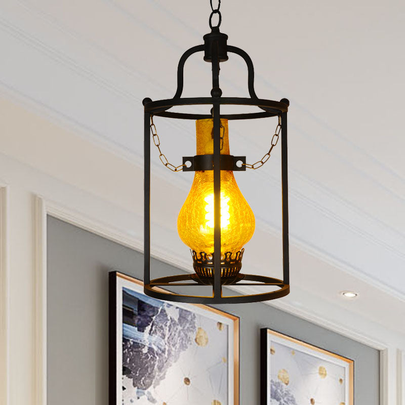 Vintage Metal Pendant Light with Black Cylinder Cage Shade - 1-Light Dining Room Hanging Lamp