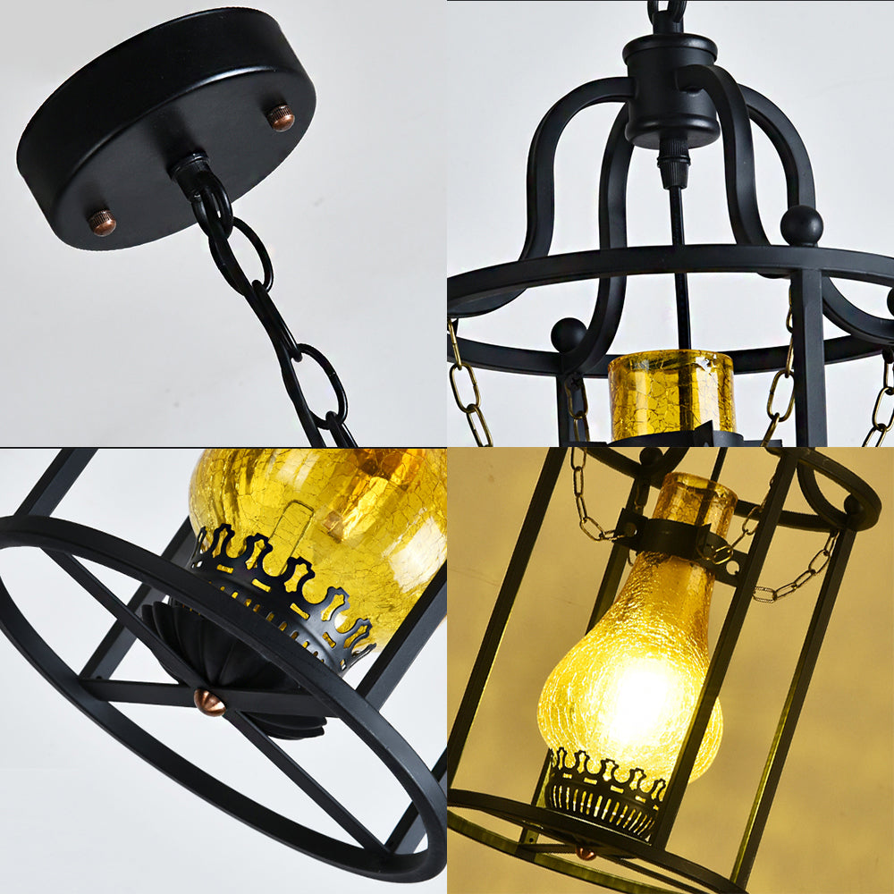 Vintage Metal Pendant Light with Black Cylinder Cage Shade - 1-Light Dining Room Hanging Lamp
