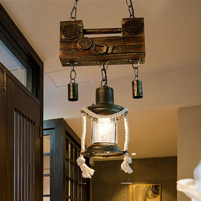 Brass Metal Lantern Pendant Light - Nautical Single Indoor Hanging Fixture With Rope