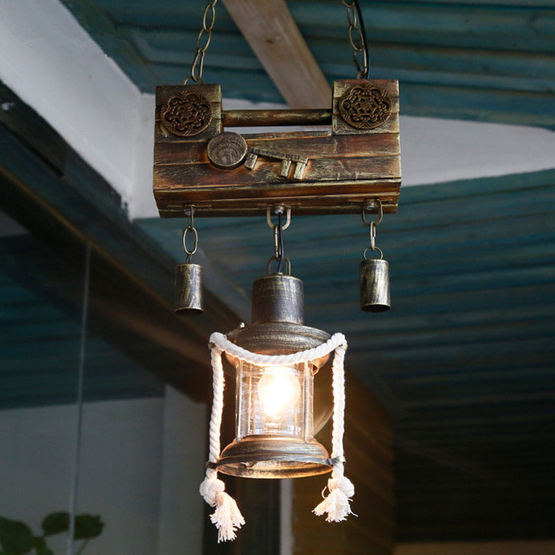 Brass Nautical Metal Lantern Pendant Light with Rope - Indoor Hanging Fixture