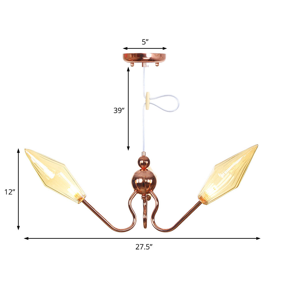 Lustre diamant en métal et verre ambré/transparent : lampe à suspension industrielle à 3 lumières