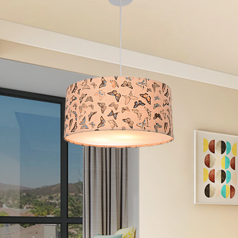 Modern Fabric Drum Hanging Light For Kids Bedroom - Child-Friendly Suspension