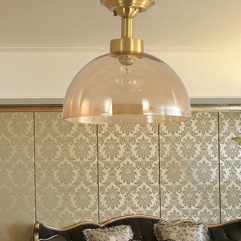 Amber Glass Dome Ceiling Light Fixture in Brass - Industrial Semi Flush for Living Room