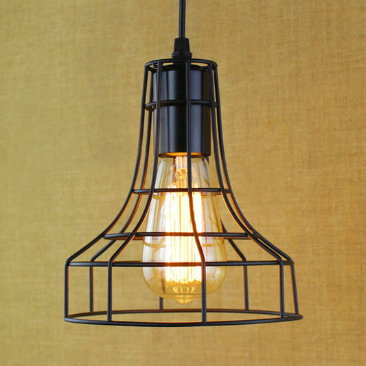 Antique Style Open Cage Pendant Lamp - Black Metal Hanging Light Fixture For Hallway