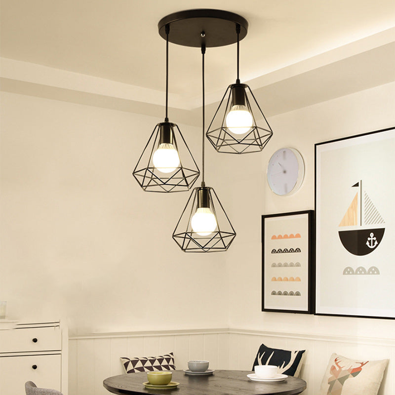 Vintage Black Iron Diamond Ceiling Lamp for Dining Room, Single-Bulb Hanging Light