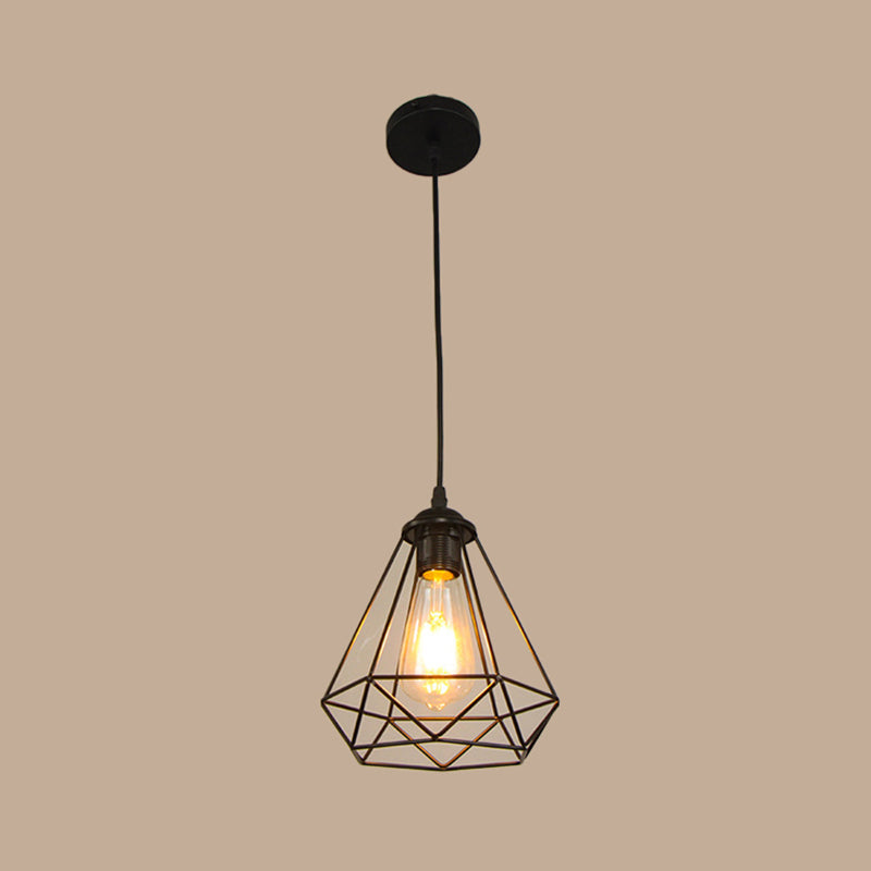 Vintage Black Iron Diamond Ceiling Lamp for Dining Room, Single-Bulb Hanging Light