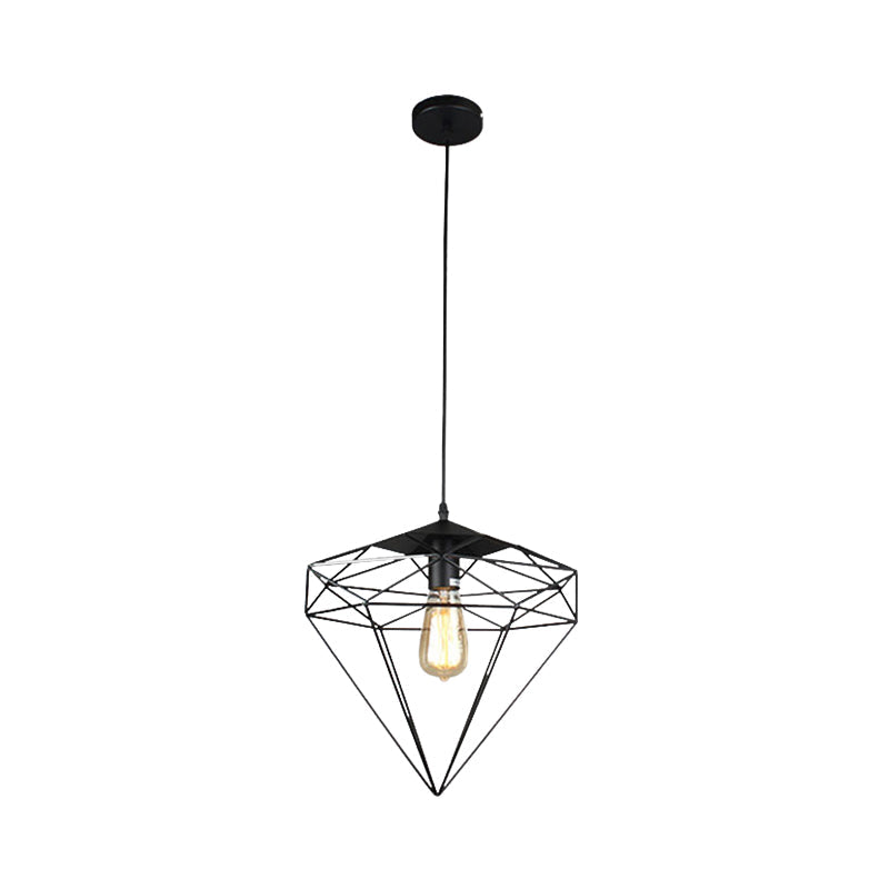 Vintage Black Diamond Cage Iron Hanging Lamp - Single-Bulb Dining Room Light