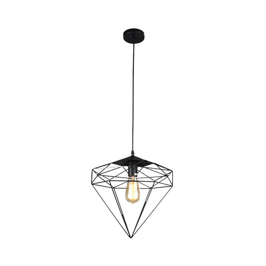 Vintage Black Diamond Cage Iron Hanging Lamp - Single-Bulb Dining Room Light
