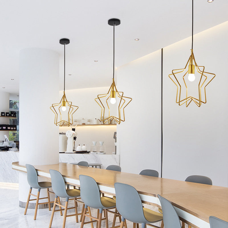 Vintage Star Cage Gold Hanging Light for Dining Room - Single-Bulb Ceiling Lamp