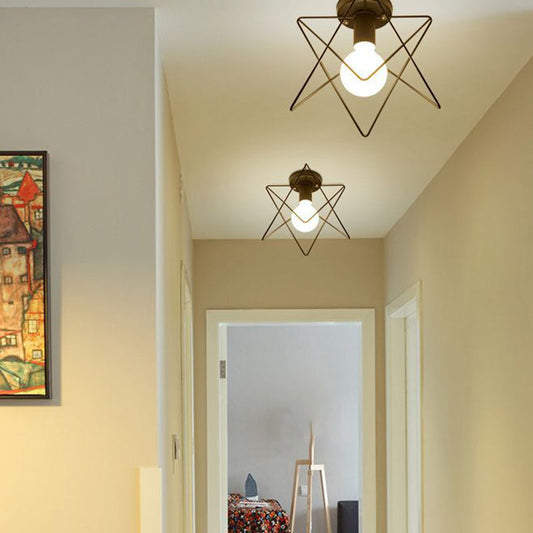 Iron Geometric Cage Flush Mount Lighting - Nordic Style 5-Head Fixture, Black - Ideal for Corridors