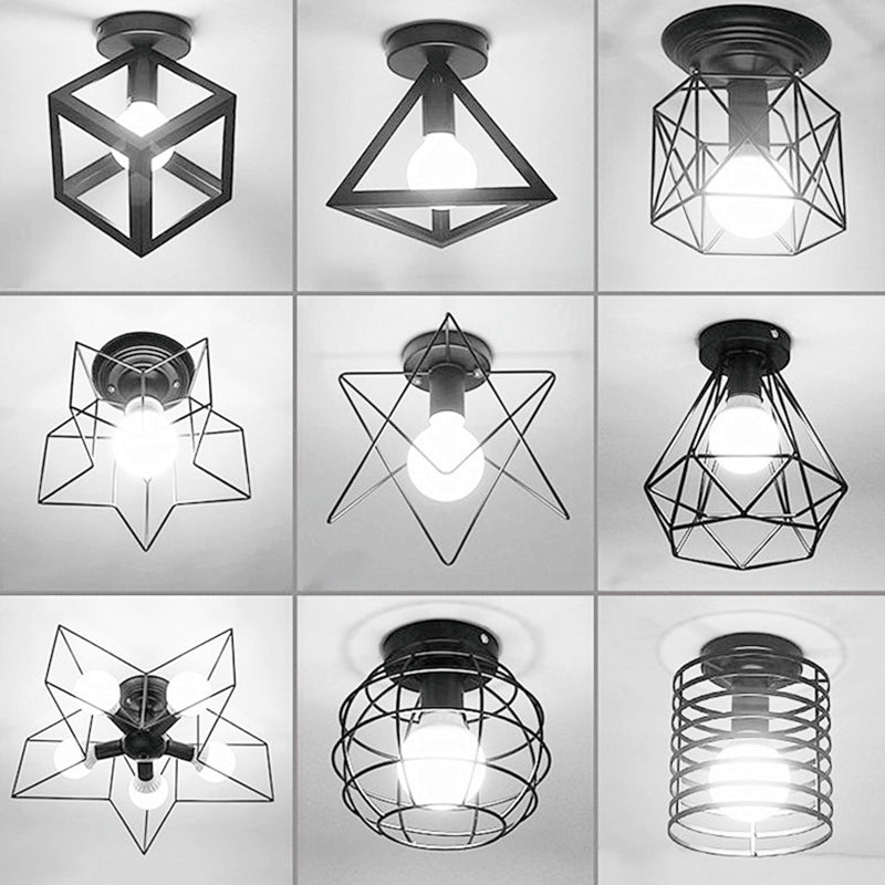 Iron Geometric Cage Flush Mount Lighting - Nordic Style 5-Head Fixture Black Ideal For Corridors