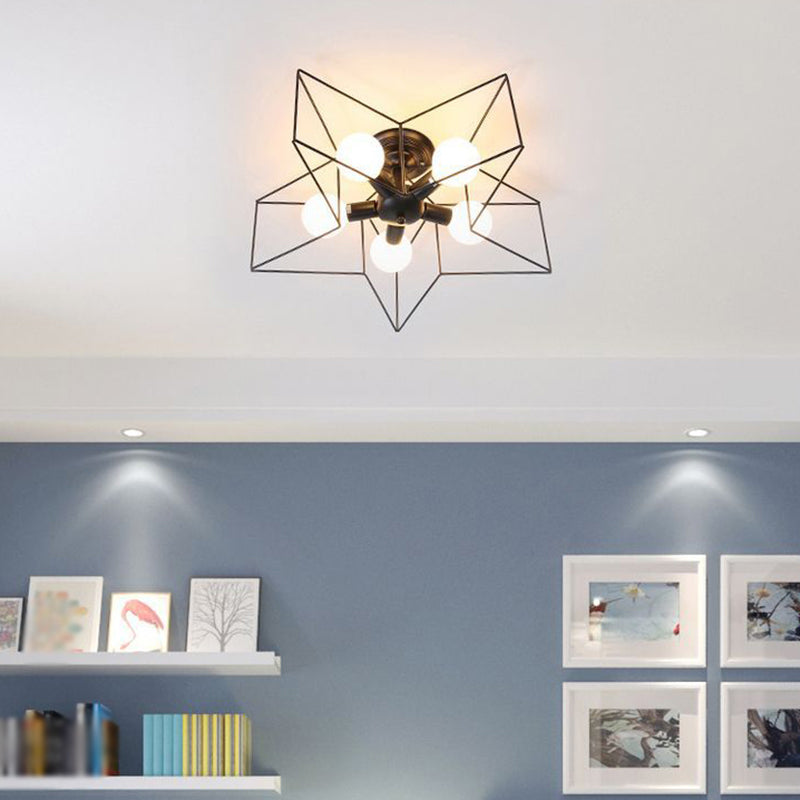 Iron Geometric Cage Flush Mount Lighting - Nordic Style 5-Head Fixture, Black - Ideal for Corridors
