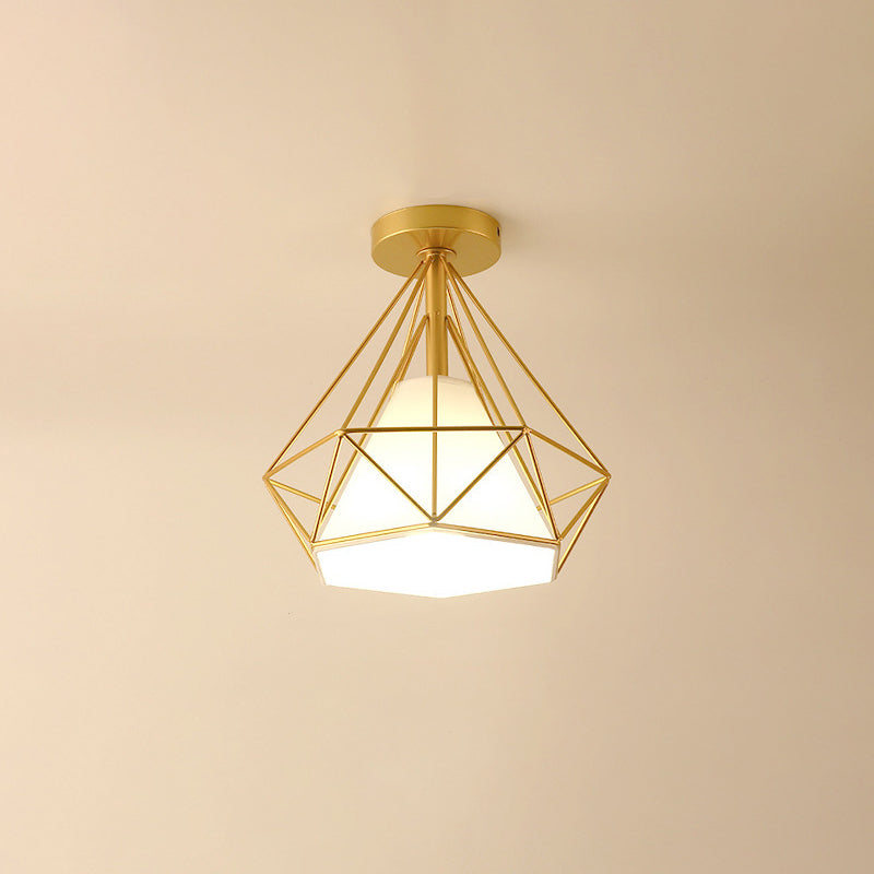 Vintage Diamond Shaped Metal Ceiling Light with Fabric Cone Shade - Single Flush Mount Fixture
