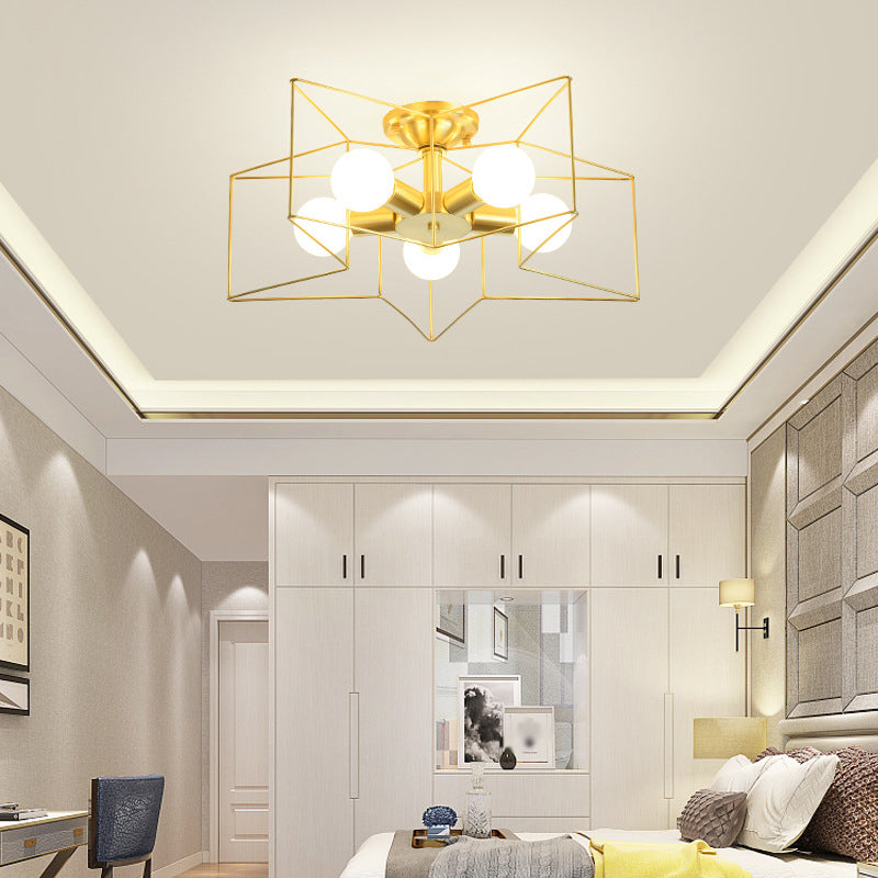 Industrial Style Metal Star Cage Flush Mount in Gold - Bedroom Ceiling Lighting